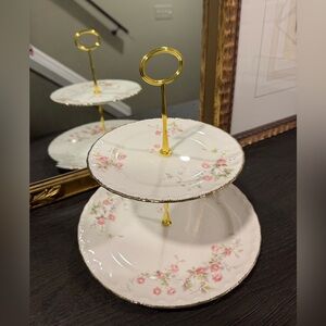Pope Gosser Floral Two-Tier Cake Stand with Gold Handle